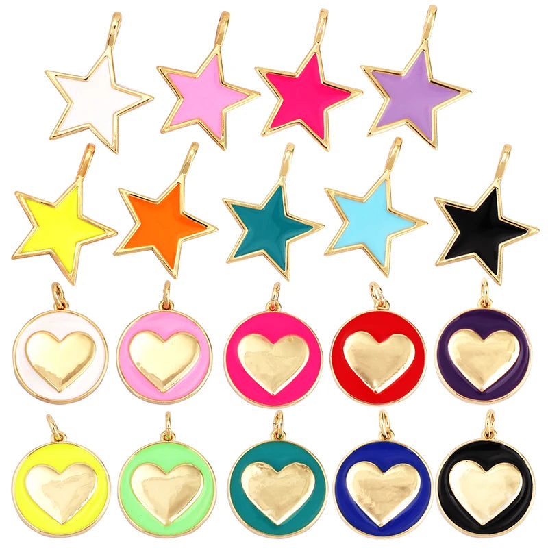 Star Coin Heart Enamel Charm Neon Pink Orange Turquoise Blue Oil DroppedReal Gold Plated Necklace Bracelet Pendant L19 M81