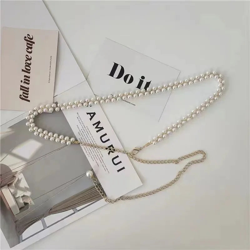JULUN Beaded Belts Chain Waist Belt Fashion Waist Chain Double Layer Pearl & Silver Chain Elegant Party Style Accessory