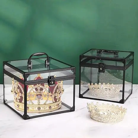 8.7x8.7x7in Clear Crown Case Upgraded Large Clear Makeup Train Case Lockable Crown Travel Box for Pageants