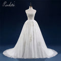 Ruolai QW01772 Heavy Beaded Spaghetti Strap Appliqued Lace V Neck Sleeveless Court Train Bridal Gown