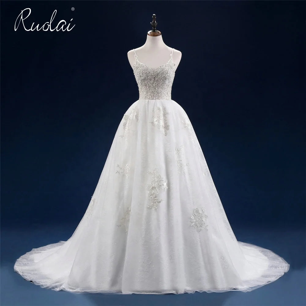 Ruolai QW01772 Heavy Beaded Spaghetti Strap Appliqued Lace V Neck Sleeveless Court Train Bridal Gown