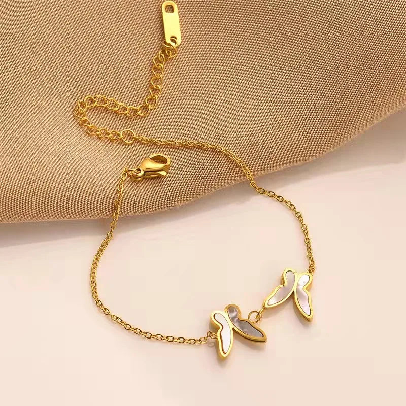 2024 New Design Gold Stainless Steel Butterfly Bracelet Hand Bracelet Butterfly Charm Link Chain White Shell Butterfly Anklet