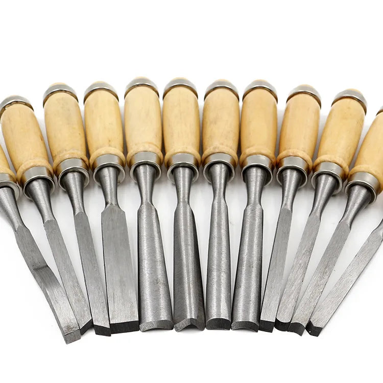 High Quality 12pcs DIY Carpenters Woodworking Tool Set OEM Wooden Tools with Canvas Bag Hand Chisel Tool Wood Carving Chisel Set