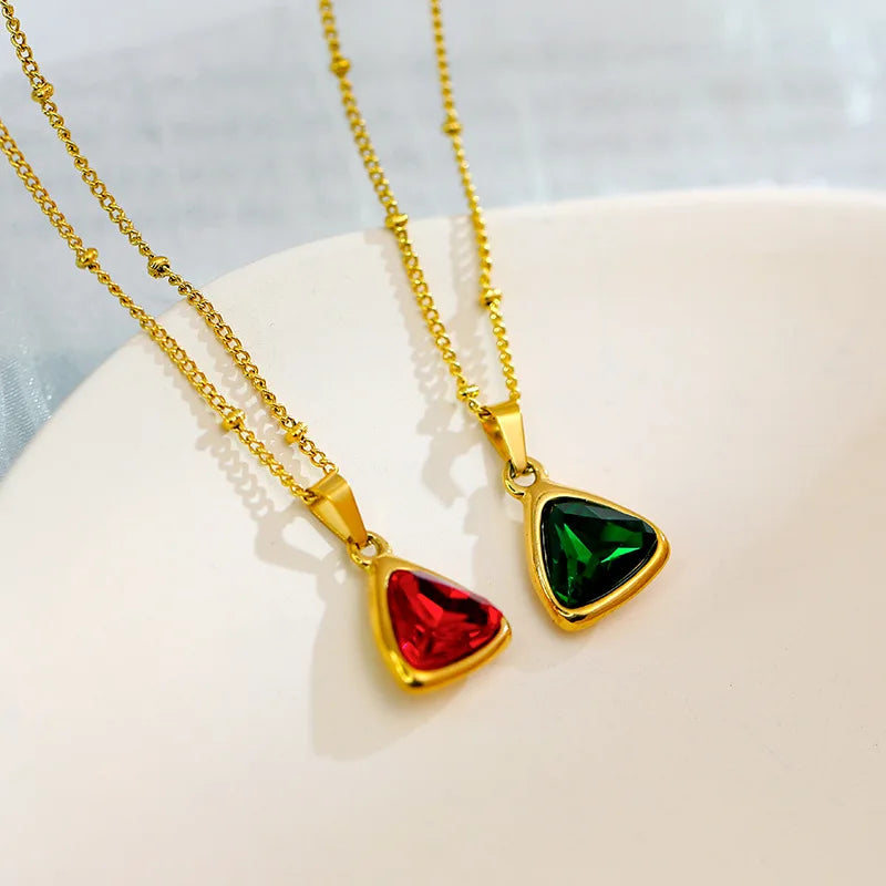 Real 18k Gold Plated Titanium Beaded Chain Green Emerald Zircon Pendant Necklace Stainless Steel Triangle Crystal Necklace
