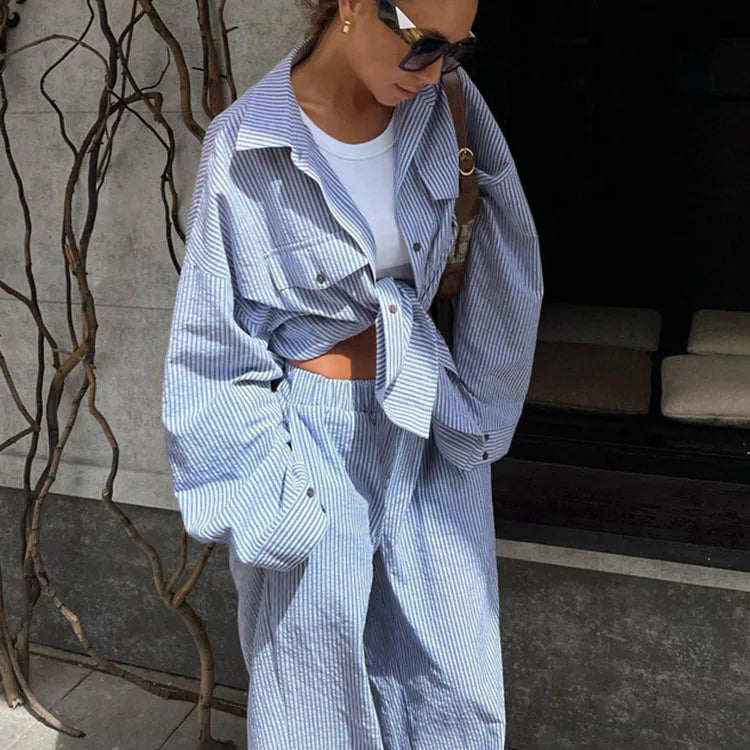 Enyami Women Loose Two-Piece Set Long Sleeve Elastic High Waist Wide Striped Turn Down Collar Wide Leg Pants Shirt Suits