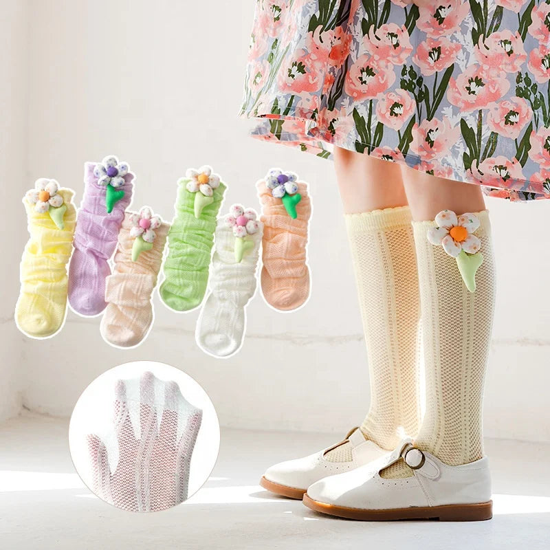Wholesale Candy Color 3D Flower Mesh Socks Kids Children Summer Thin Cotton Knee High Socks for Girls