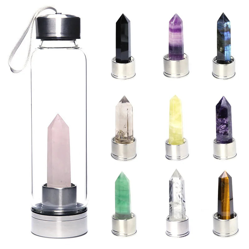 500ml Eco-Friendly Crystal Infuser Glass Water Bottle with Stainless Steel Bamboo Lid Customizable Logo Natural Healing Crystals MegaBDM