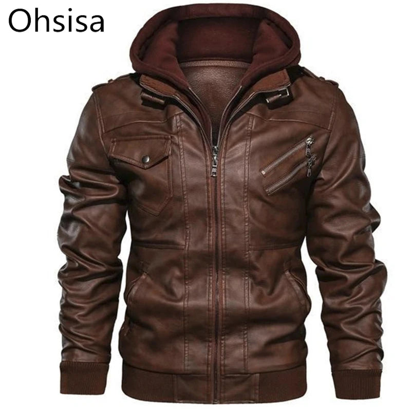 S-5XL Men PU Leather Jacket Zipper Coat Autumn Hooded Long Sleeve Street Cool Solid Color Casual Motorcycle Jacket