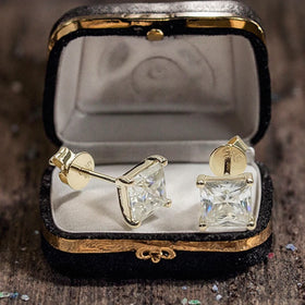1.0ct Princess Cut 5.5x5.5mm 14k Solid Yellow Stud High Quality Moissantei Push Back Earrings