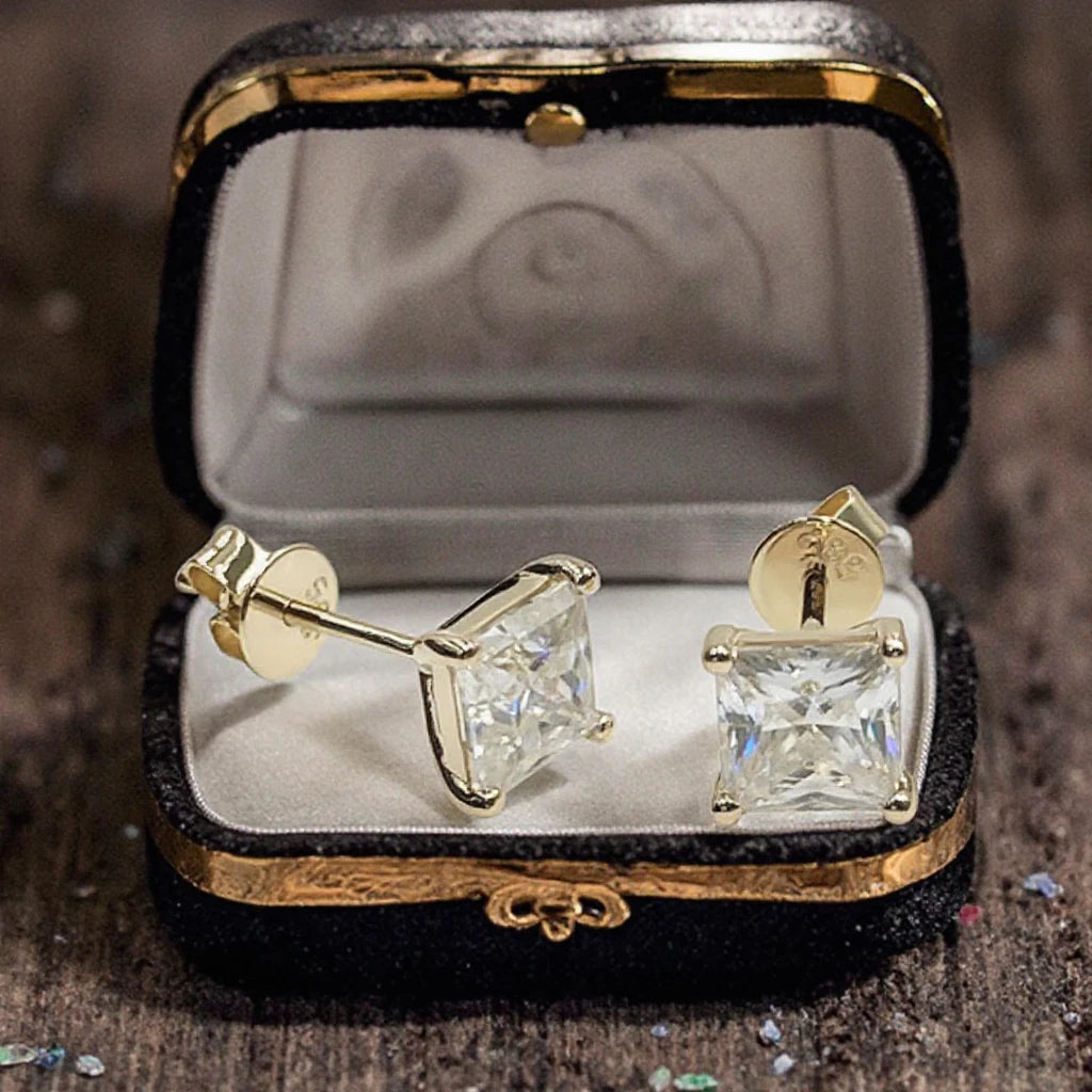 1.0ct Princess Cut 5.5x5.5mm 14k Solid Yellow Stud High Quality Moissantei Push Back Earrings
