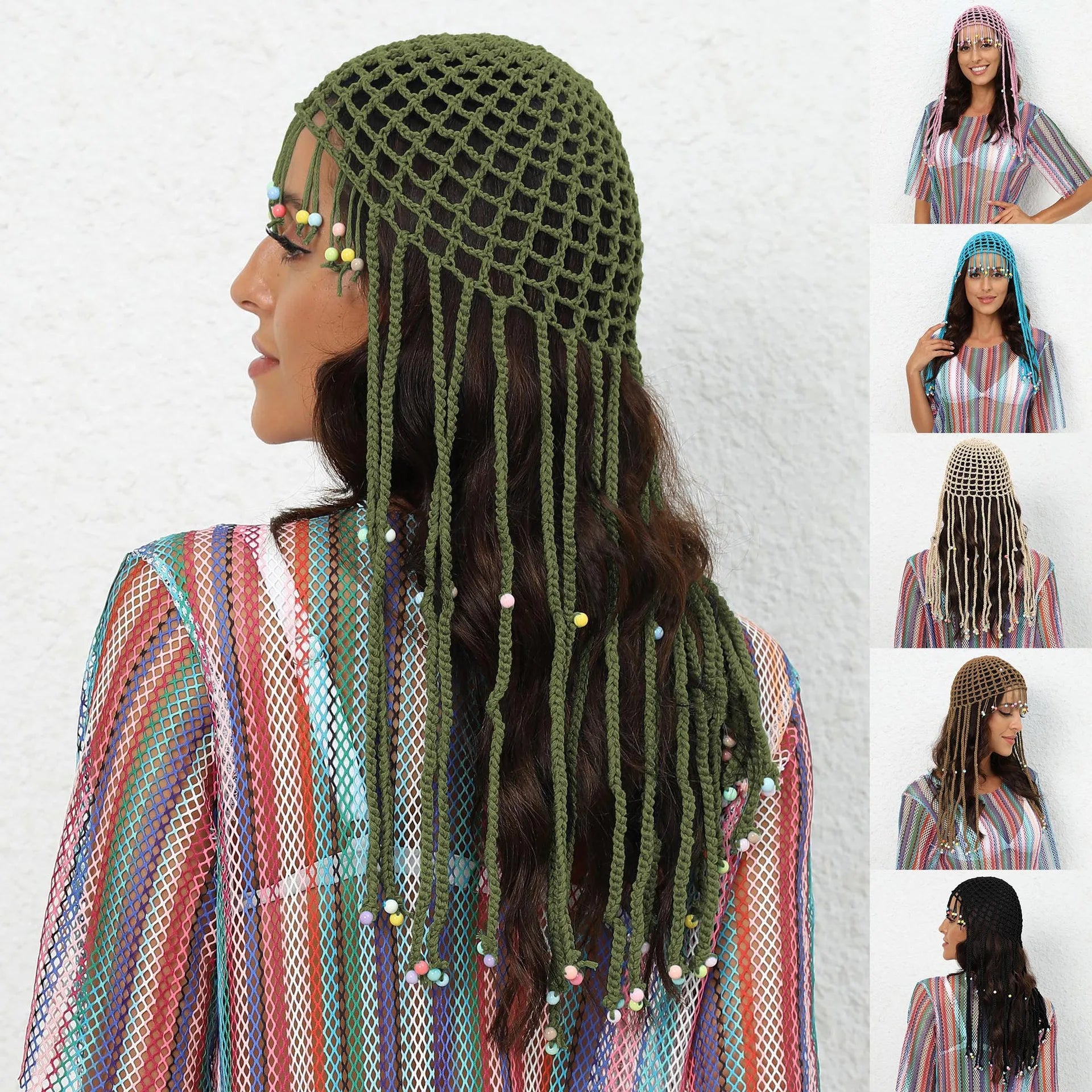 Trendy Ladies Hand Made Tassel Braid Hat Ethnic Style Hollow Net Crocheted Hat With Fringe Beads