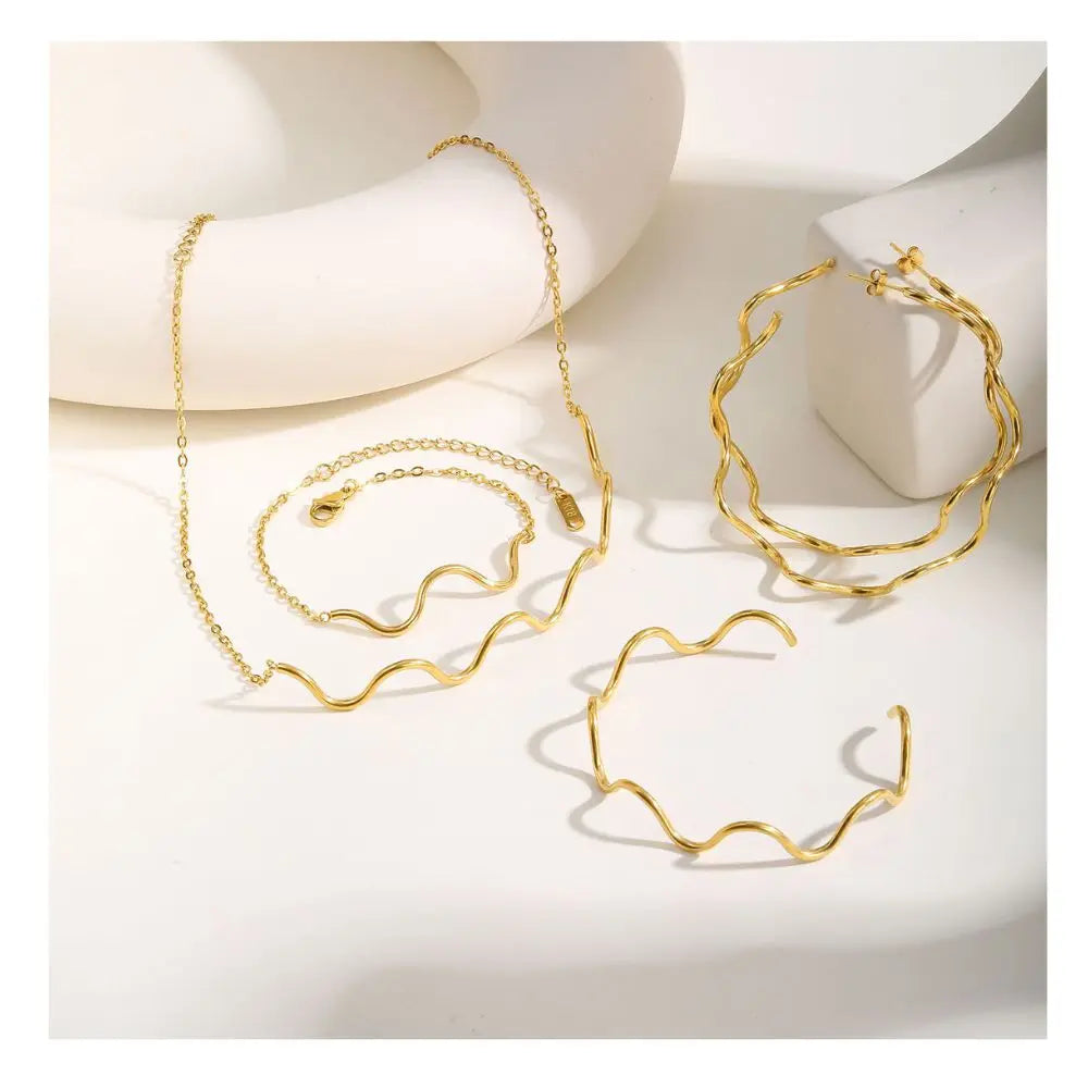 Jewelry Collar Exaggerated Earrings Stainless Steel Line Wave 18K Gold Silver Bracelet Bracelet Fashion Fine Necklaces for Women