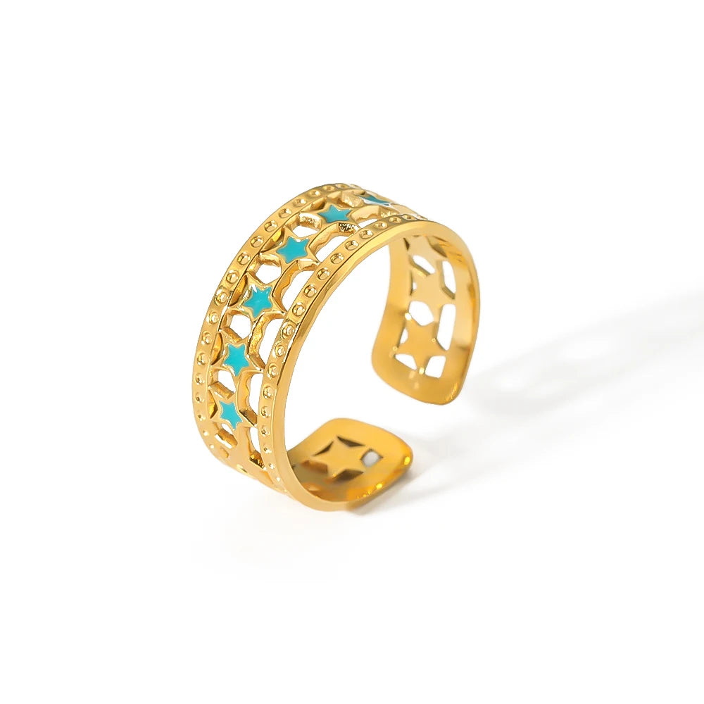 Adjustable Open Finger Rings Gold Stainless Steel Creative Enamel Mini Star for Women Girls Plated Blue 18K Trendy Opp Bag