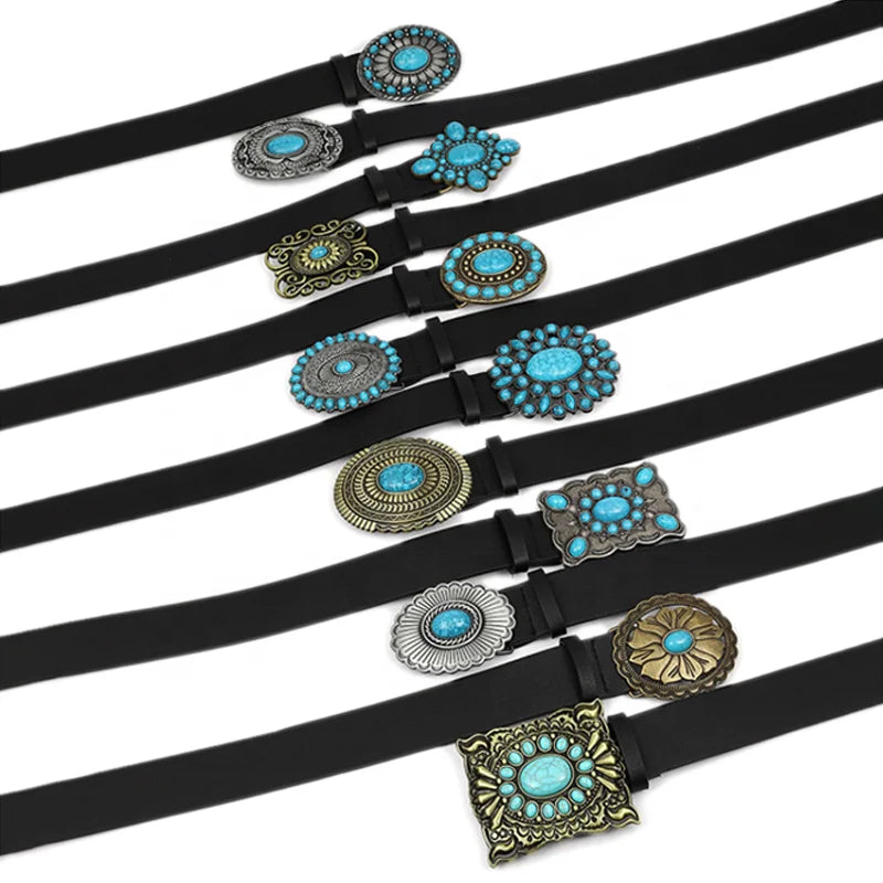 2025 New Arrival Vintage Court Style 12 Styles Available Sapphire Inlaid Retro Buckle PU Leather Belt for Women