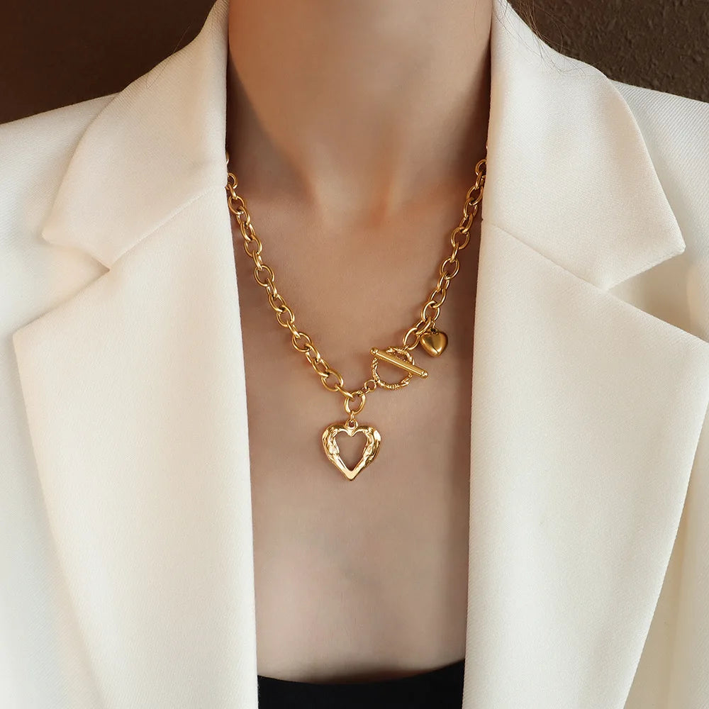 Moge Bisuteria De Acero Women Ins Jewelry Toggle Clasp Chunky Statement Neck Chain Heart Pendant Necklace