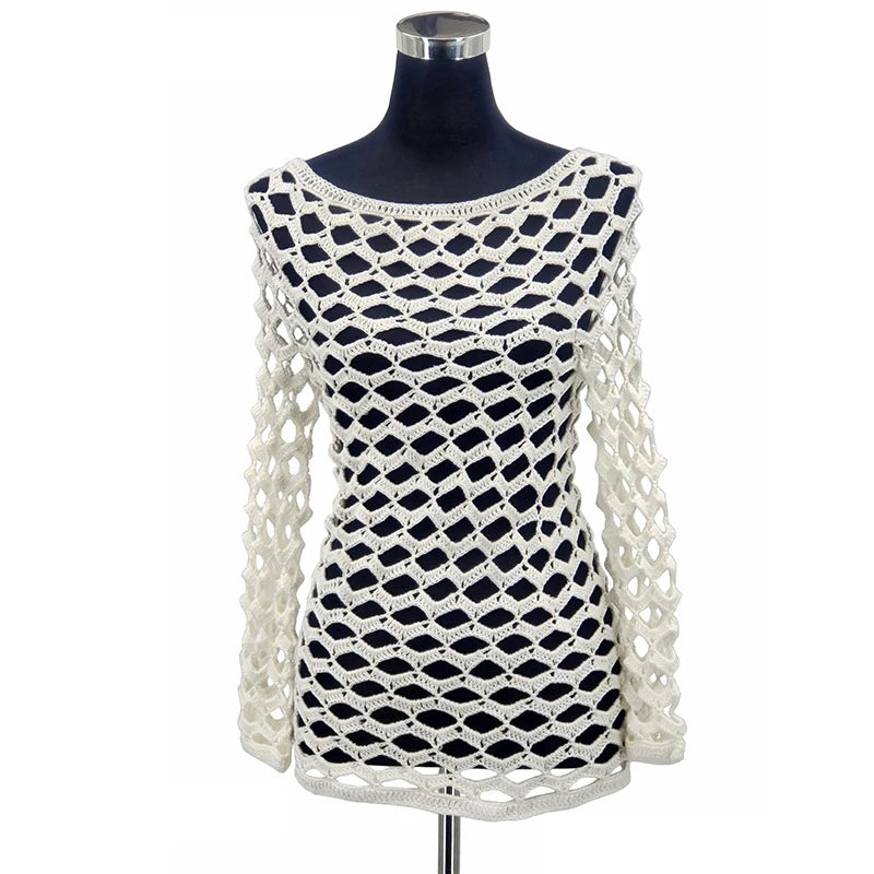 Long Sleeve Crochet Dress Hollow Out Beach Cover up See Through Beachwear