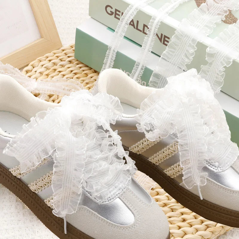 Wholesale 3CM Wide Vintage Mushroom Frill Lace Shoelaces Fairy Style Satin Ribbon for Party Sneakers DIY Decor Custom Laces