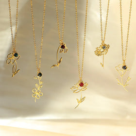 New Arrival Simple Fashion Permanent 18K Gold Plated Birthstone Month Hollow Out Flower Necklace for Women
