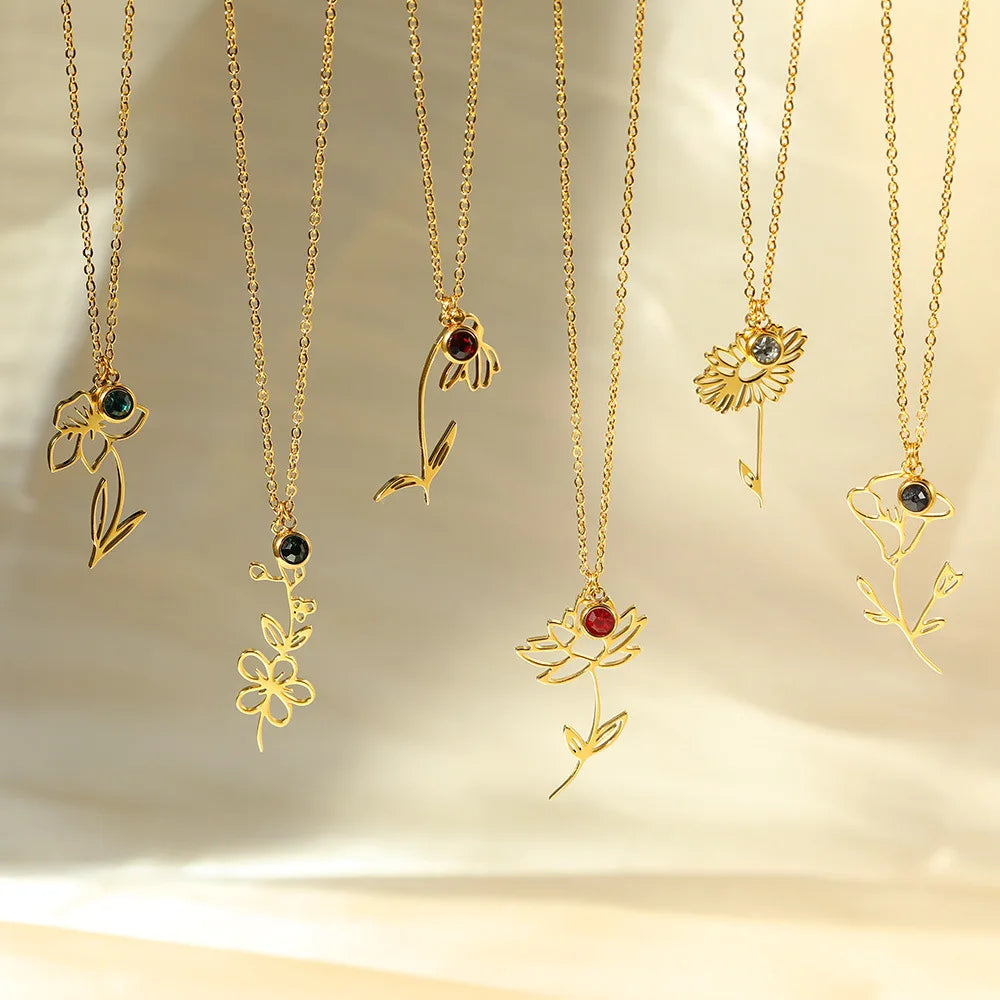 New Arrival Simple Fashion Permanent 18K Gold Plated Birthstone Month Hollow Out Flower Necklace for Women
