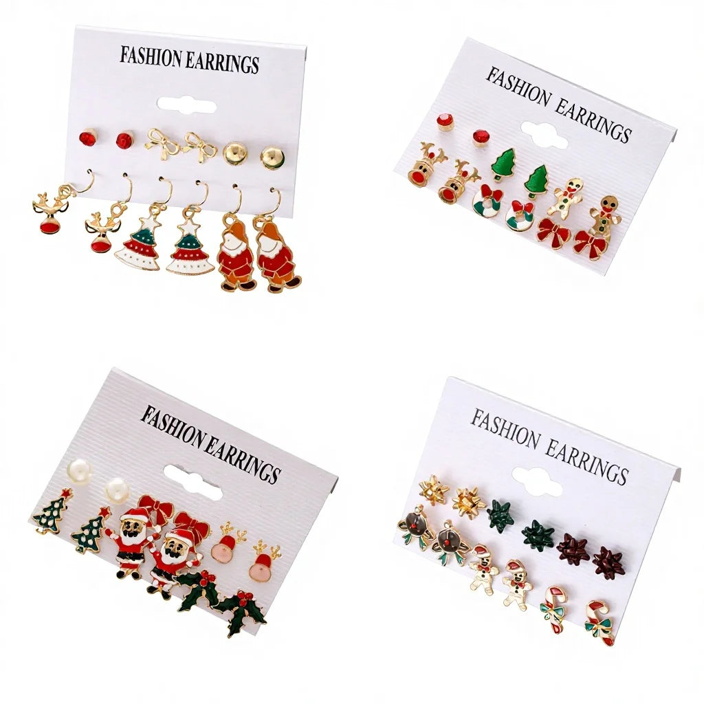 Christmas Series Gold Plated Christian Stud Earrings Set Snowflake Bell Cross-Border Cartoon Oil Drop Elk Old Man Alloy Jewelry
