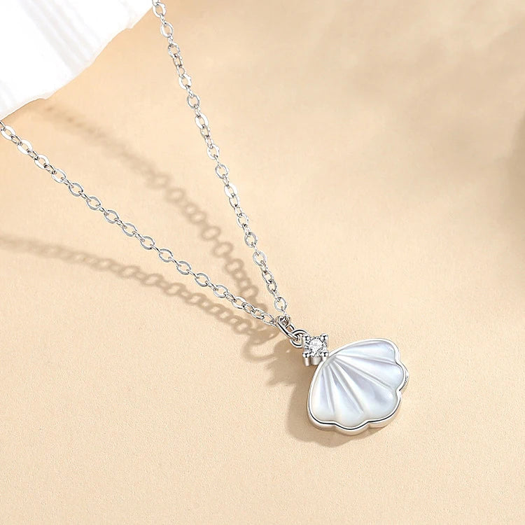 ANSTER 925 Women's Trendy White Fritillary Shell Necklace Set Rhodium Plated Sterling Silver Box Chain for Engagement