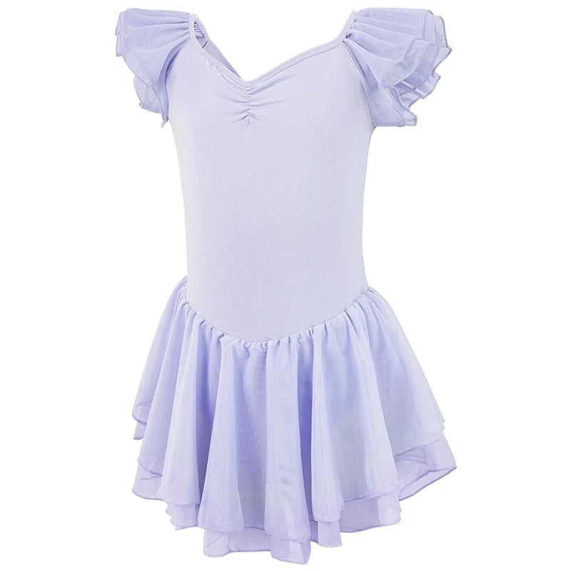 Girls Ruffle Sleeve Ballet Dress Children Cotton Dance Leotards With Double Layers Mesh Skirts