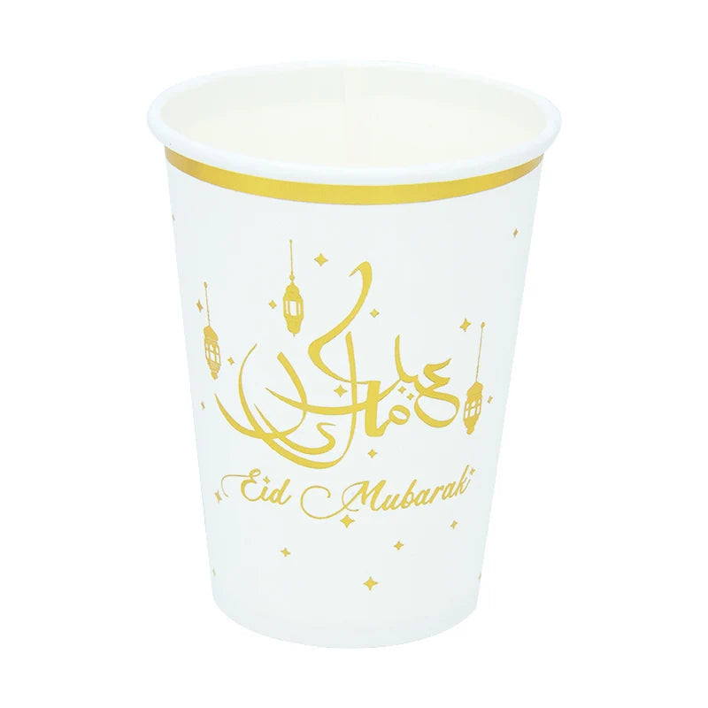 615121 12oz Big White Classic Paper Cup Eid Mubarak Ramadan Eid Decoration Muslim Dinnerware Party Supplies Gold Printing