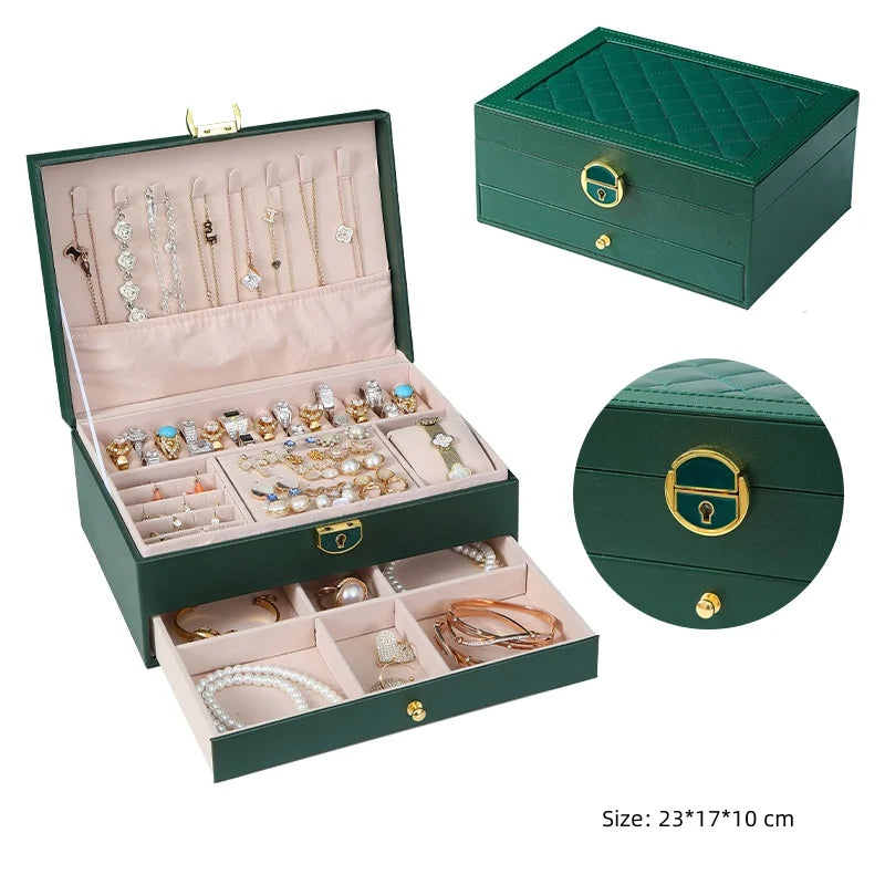 Premium Diamond Pattern PU Leather Lady Jewelry Set Storage Box Organizer With Suede Lining