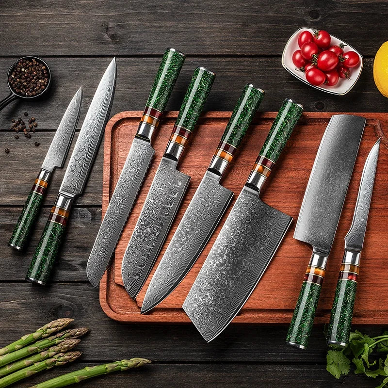 8 Pcs Damascus Knife Set JDH Kitchen Knife Set 67 Layers Damascus Steel with Green Grain Resin Handle