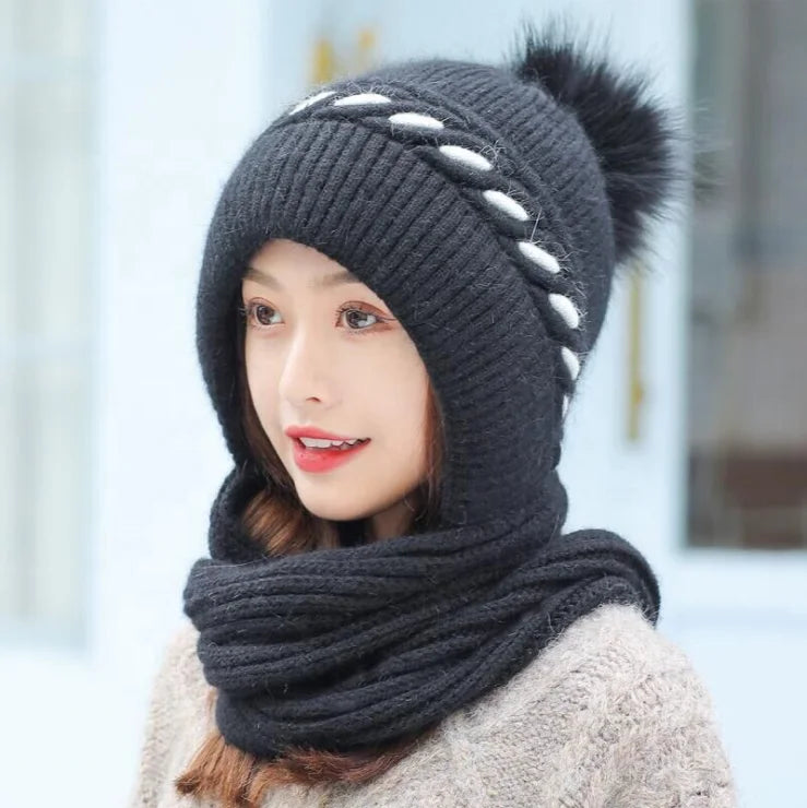 One Piece Women Rabbit Hair Blended Conjoined Cap Girls Winter Hooded Warm Knitted Scarf and Beanie Hat Set