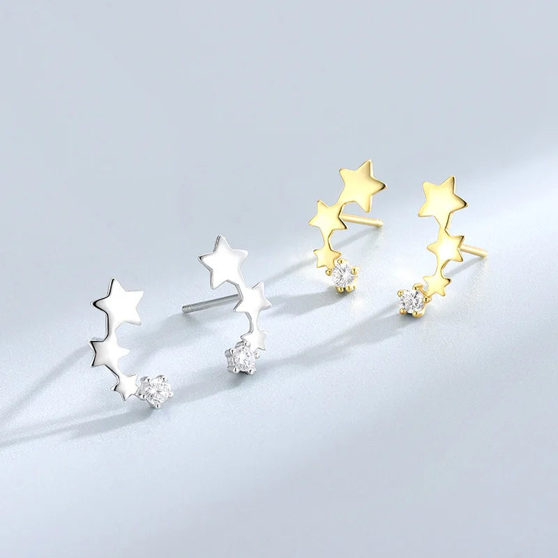 Cute 925 Sterling Silver Zircon Star Stud Earring Dainty Gold Plated Three Star Earring for Women