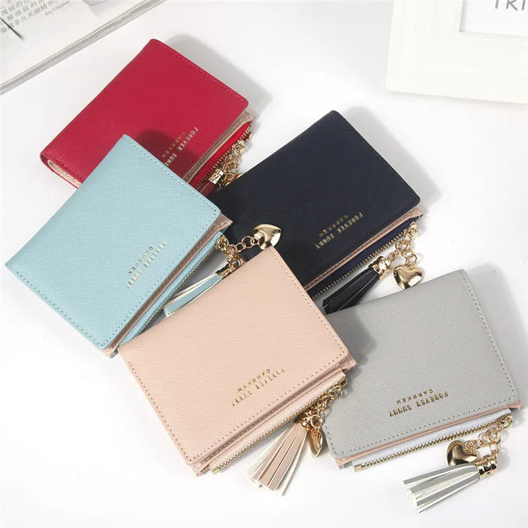 Thin Faux Leather Fashion Girls Zipper Closure Tassel Slim Waterproof Short Length XXN Brand Credit Card Holder Wallet