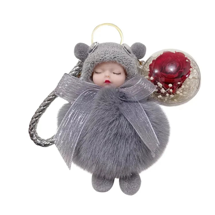 Sweet Cute Sleeping Baby Doll Fluffy Car Keychain Soft Pom Pom Rabbit Fur Ball Key Ring Bag Charm Plush Fur Keychains Gift