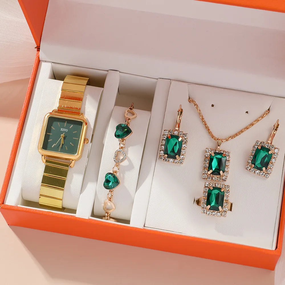Luxury 5 Pcs/Set Green Crystal Heart Earrings Bracelet Necklace Casual Wristwatch Ladies Quartz Watch Jewelry Set for Gift