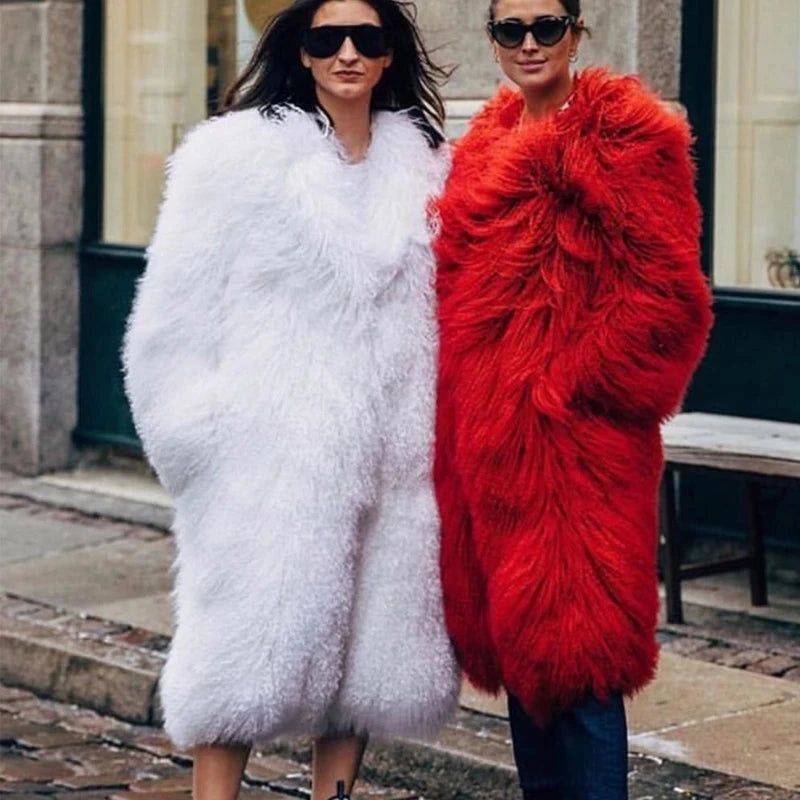 Ladies Long Fur Coat Turn-Down Collar Mongolia Sheep Fur Jacket Girls Outerwear