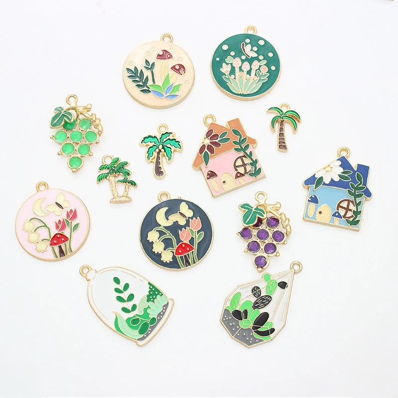 Wholesale Assorted Coconut Trees Grapes Cactus Potted Flower Leaf Charms Pendants Plant Enamel Dangle Charms for Jewelry Making