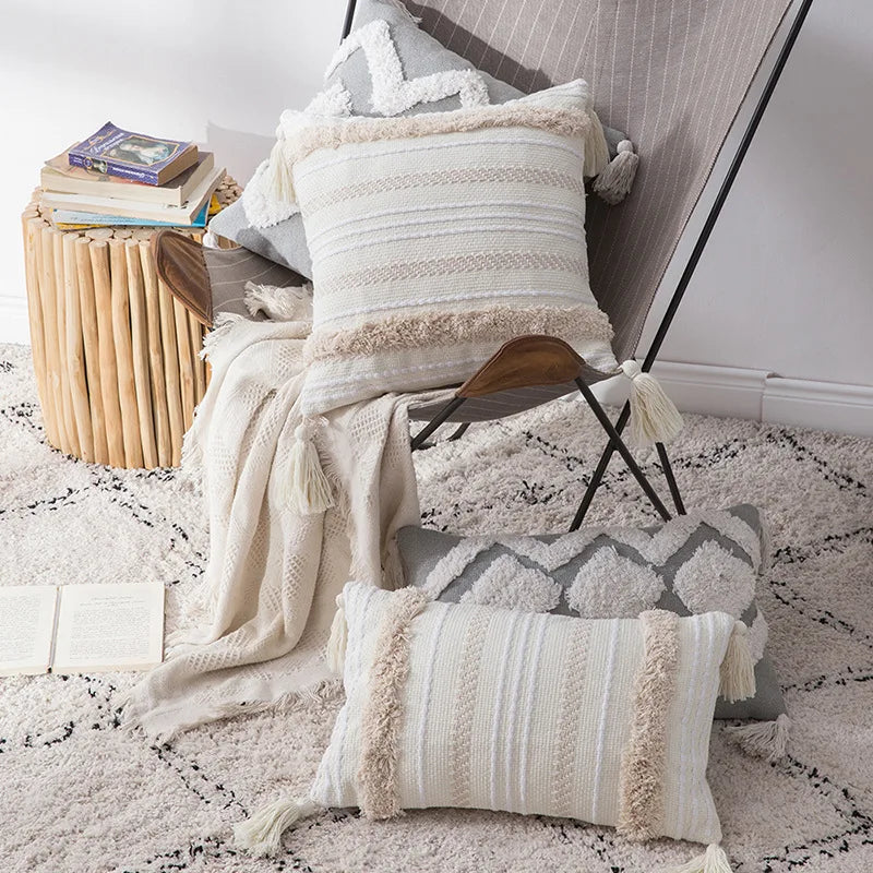 Boho Embroidery Vintage Striped Decorative Home Bohemian Moroccan Pillowcase Tassel Tufted Cushion Cover for Hotel Hospital Use