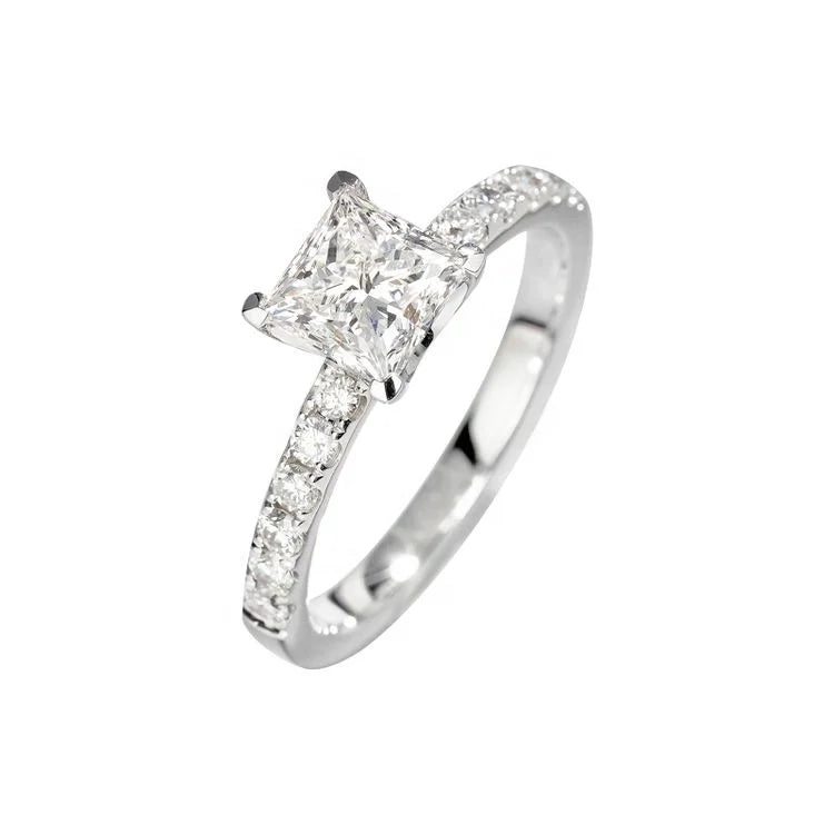 1 Carat Princess Cut Lab Diamond Ladies Engagement Wedding Ring Side Pave 14k 18k Solid Gold Classic IGI Certified Perfect Gift