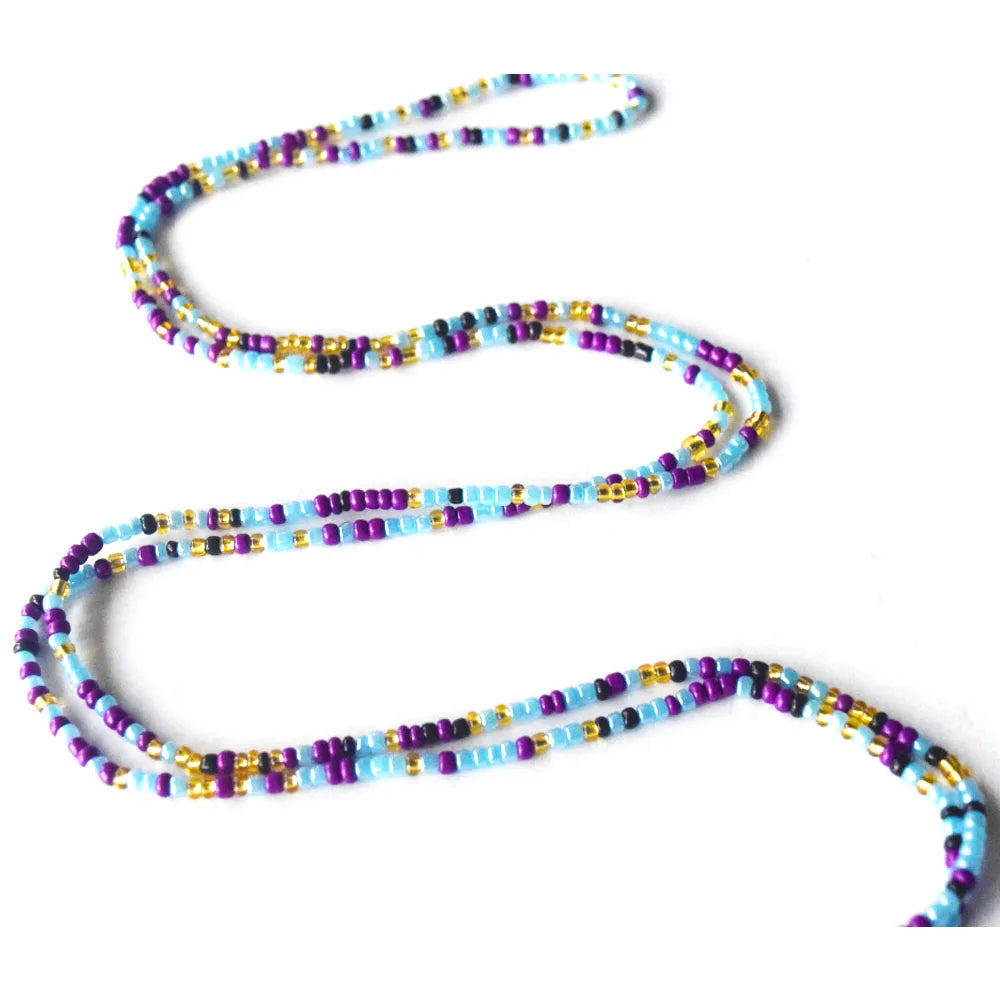 Blue Mix Fashion African Mix Glass Seed Beads Tie on Waist Beads Belly Body Chain with Clasp Double Cotton String for Ladies
