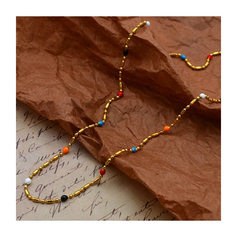Boho Vintage Gold Chain Necklace for Women Waterproof Stainless Steel Beaded Necklaces in Multicolor Cute Ball Shape