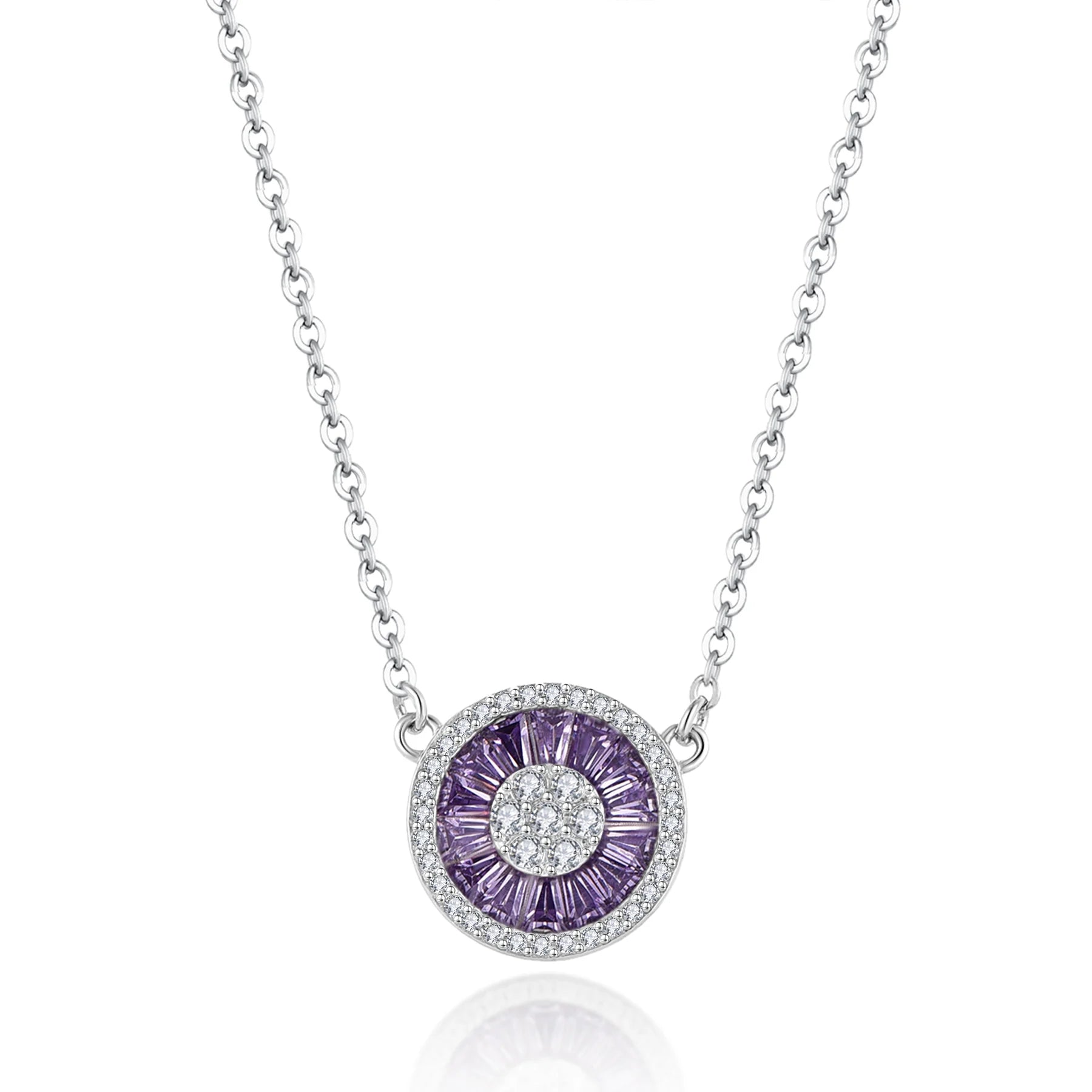 QX Customized OEM 925 Sterling Silver Round Charm Rhodium Plated 5A Purple Zircon Fine Jewelry Pendant Necklaces Women