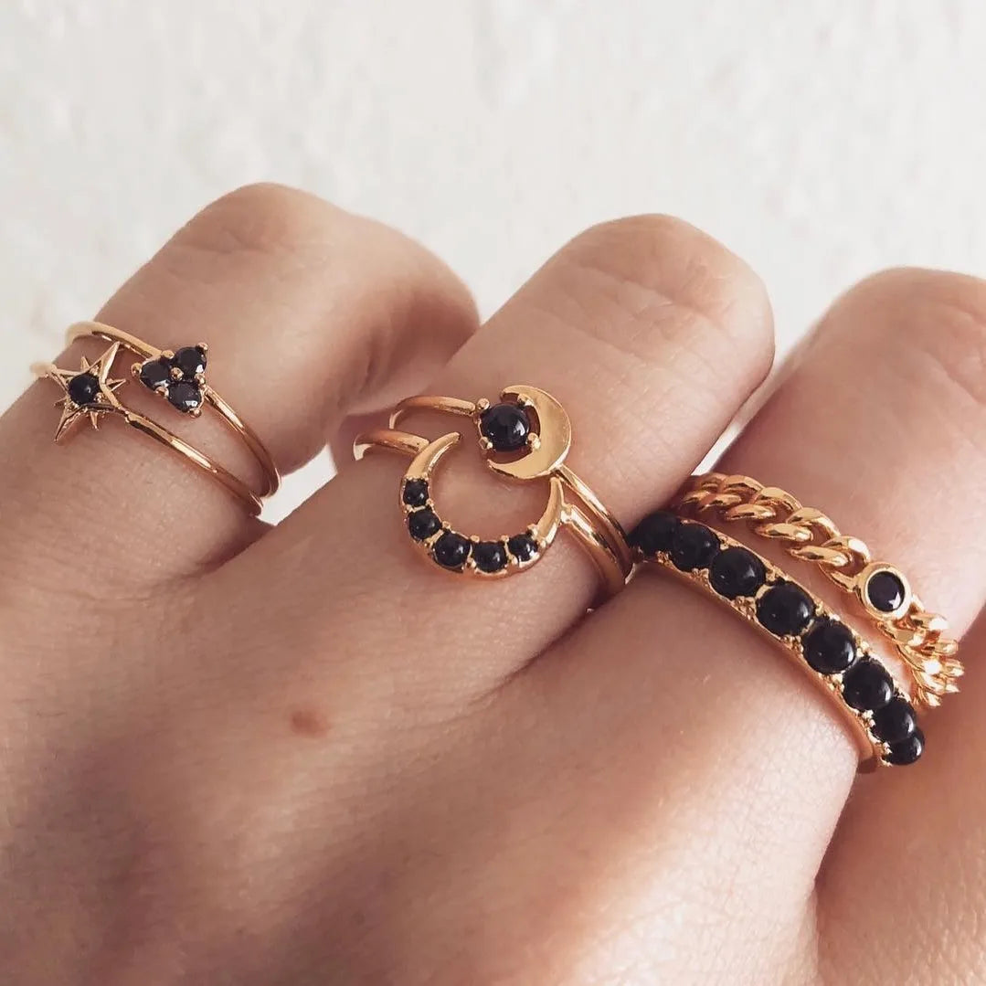 Bohemia Style Metal Black Crystal Women And Man Gold Plated Ring Moon Star Punk Style Alloy Finger Ring 6pcs/set