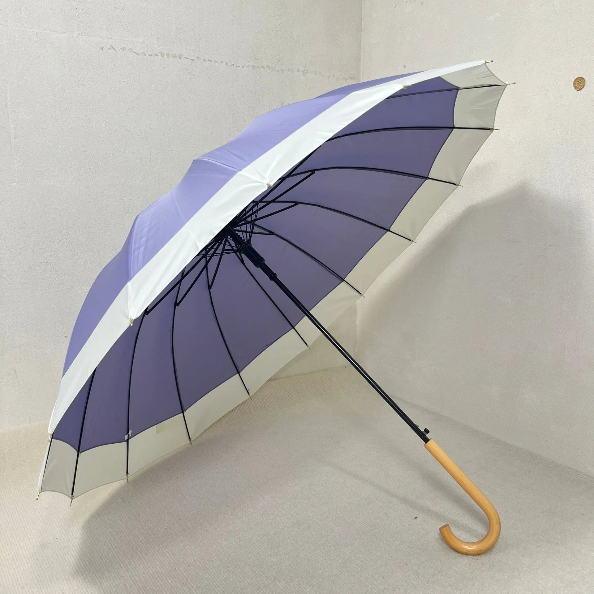 Stylish Windproof 16 Ribs Two-tone Semi-automatic Women's Straight Umbrella with Wooden Curved Handle