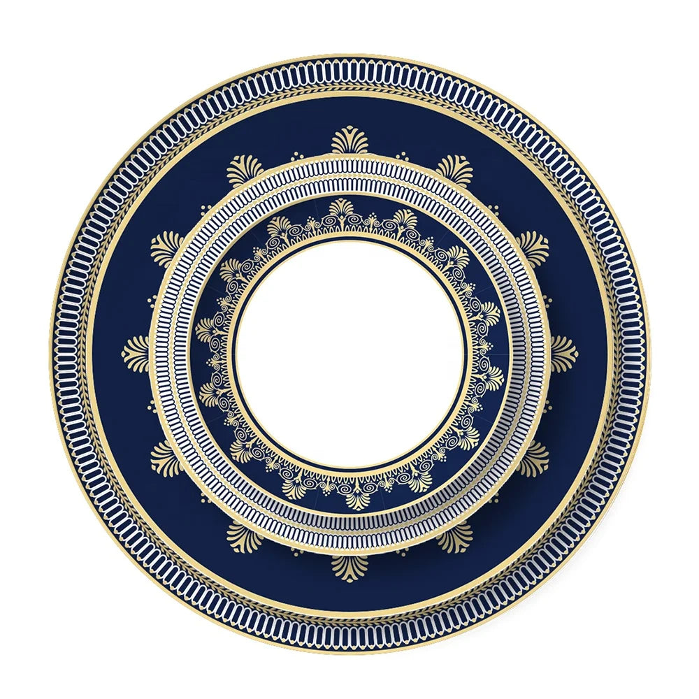 Professional Antiqued Design Reactive Glazed Ceramic Plates Set Eco-Friendly Golden Rim Western Serving Dishes for Weddings