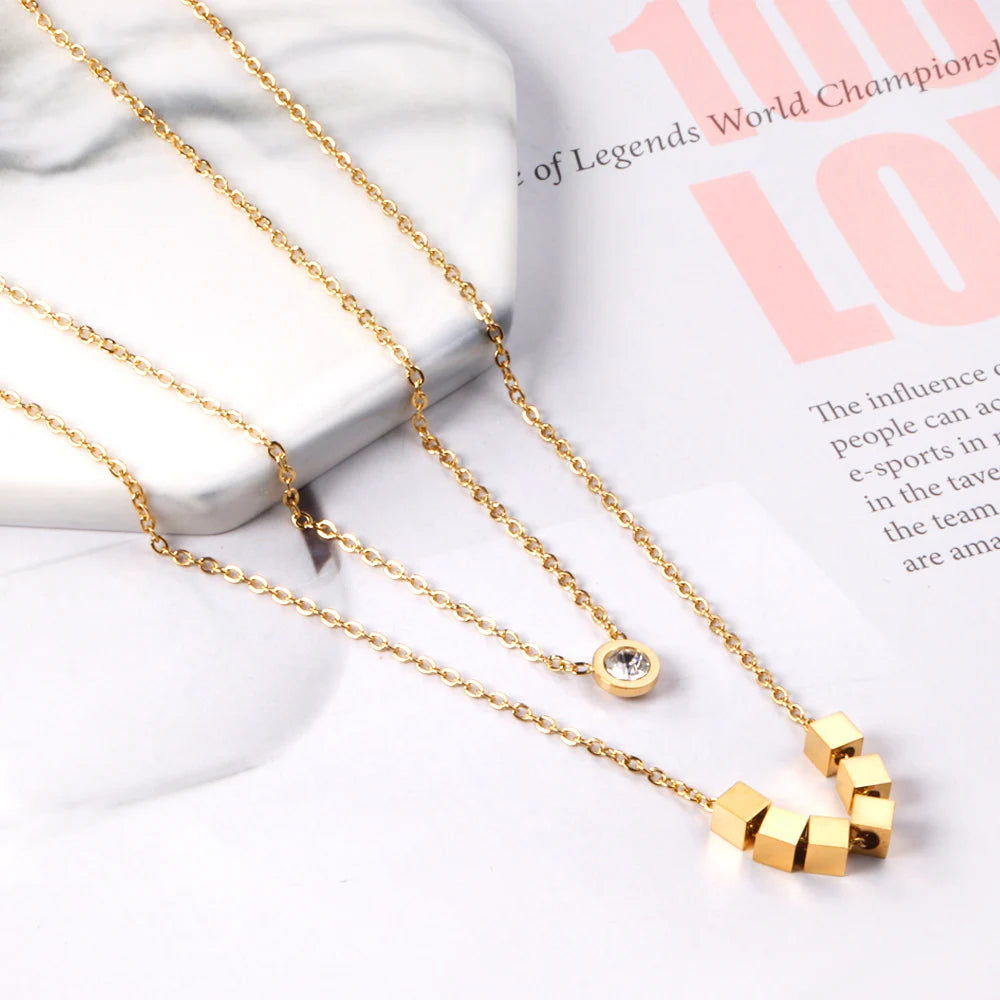 Geometric Multi-Layer Necklace Unisex 18K Gold Plated Stainless Steel Cube Pendant CZ Accent Vintage Stacking Chain Fashion