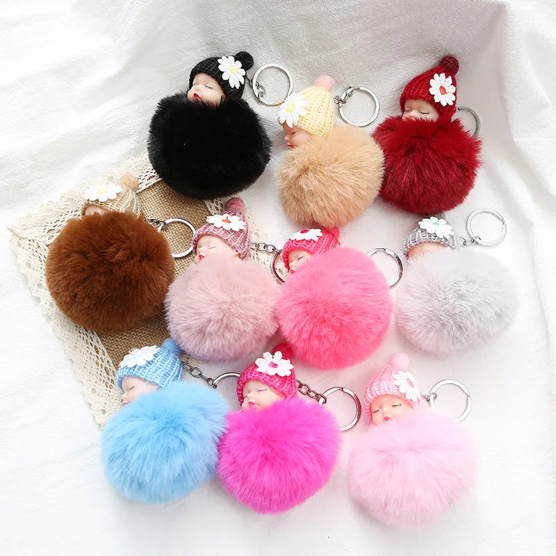 8CM Sleeping Baby Doll Keychain Pompom Rabbit Fur Ball Key Chain Fluffy Car Keyring Bag Charm Women Kids Gift Plush Fur Keychain