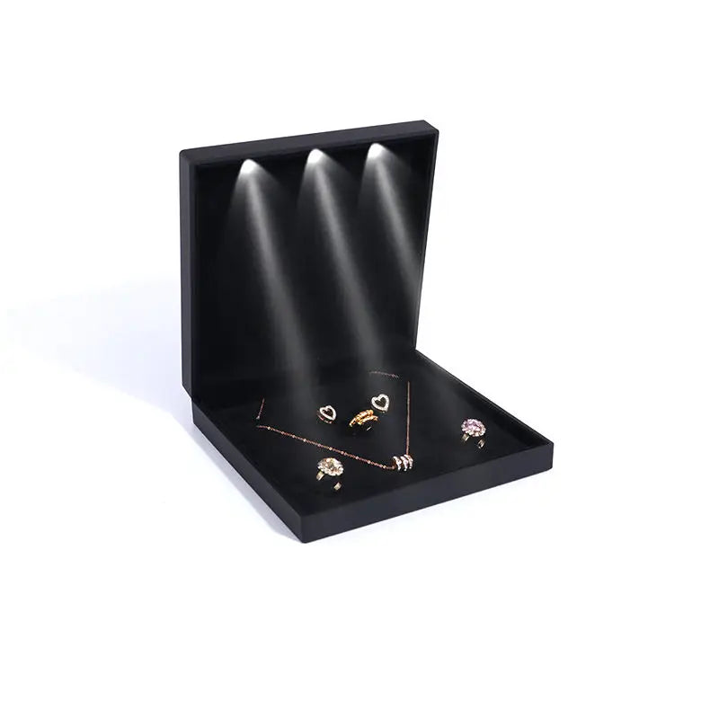Wholesales Black Decent LED Lights Plastic Travel Eco-friendly Necklace Bracelet Storage Display Ring Set Box Gift Jewelry Box