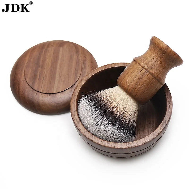 Private Label Biodegradable Black Walnut Wood Handle Shave Brush Bowl Salon Wet Shave Safety Razor Synthetic Hair JDK