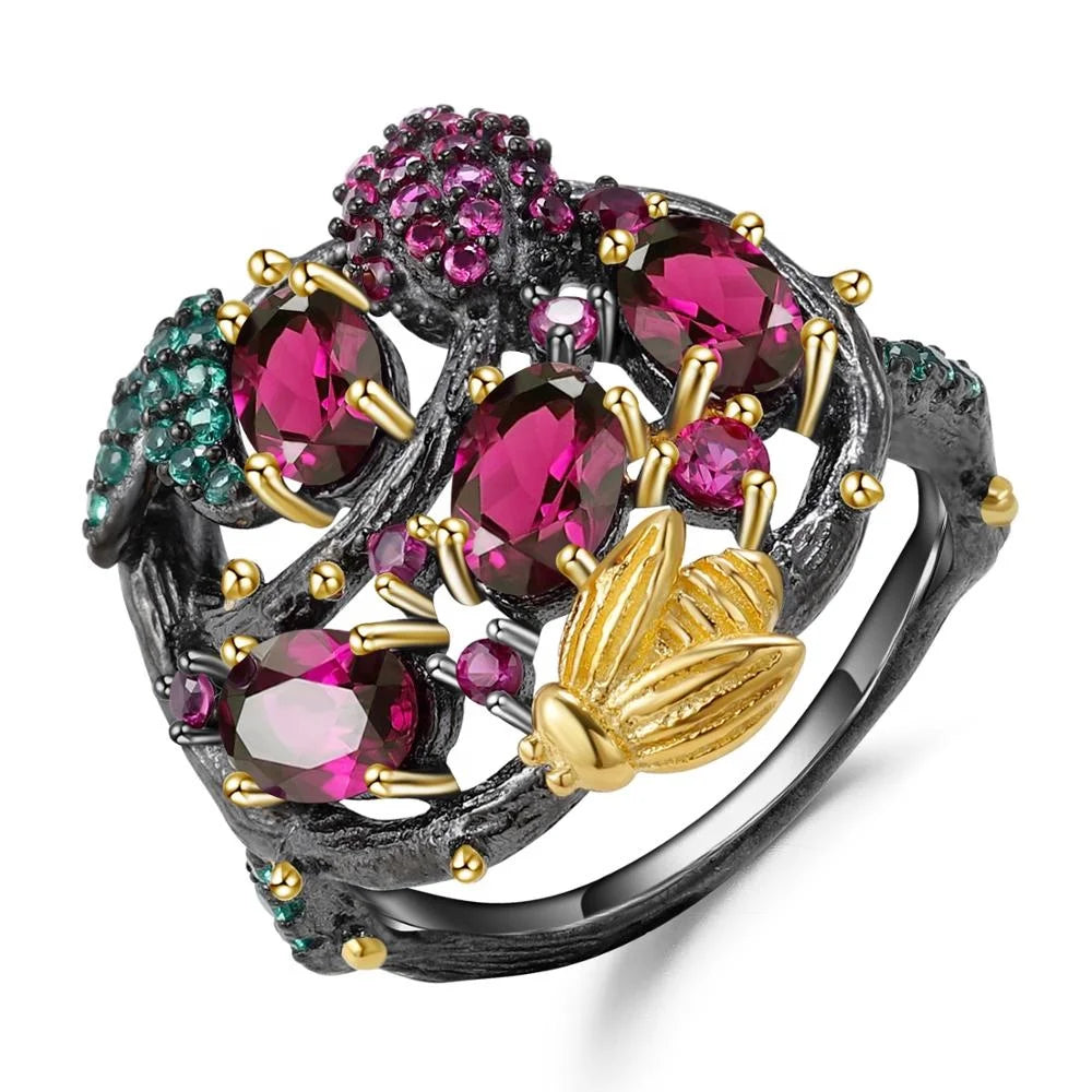 Abiding Handmade Fine Jewelry Natural Rhodolite Garnet Gemstone 925 Silver Gold Bee Branch Rings MegaBDM