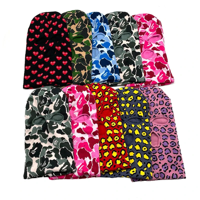 Custom Logo All Over Print Motorcycle Full Face Cover Camo Acrylic Jacquard Knit Ski Balaclava Mask Hat